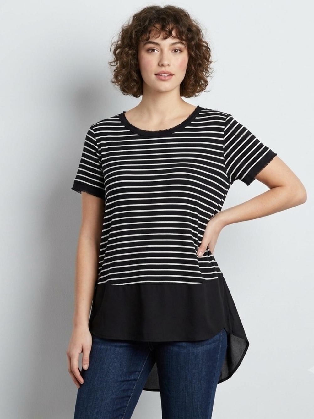 bobeau Black & White Striped Short Sleeve Hi-Low Top